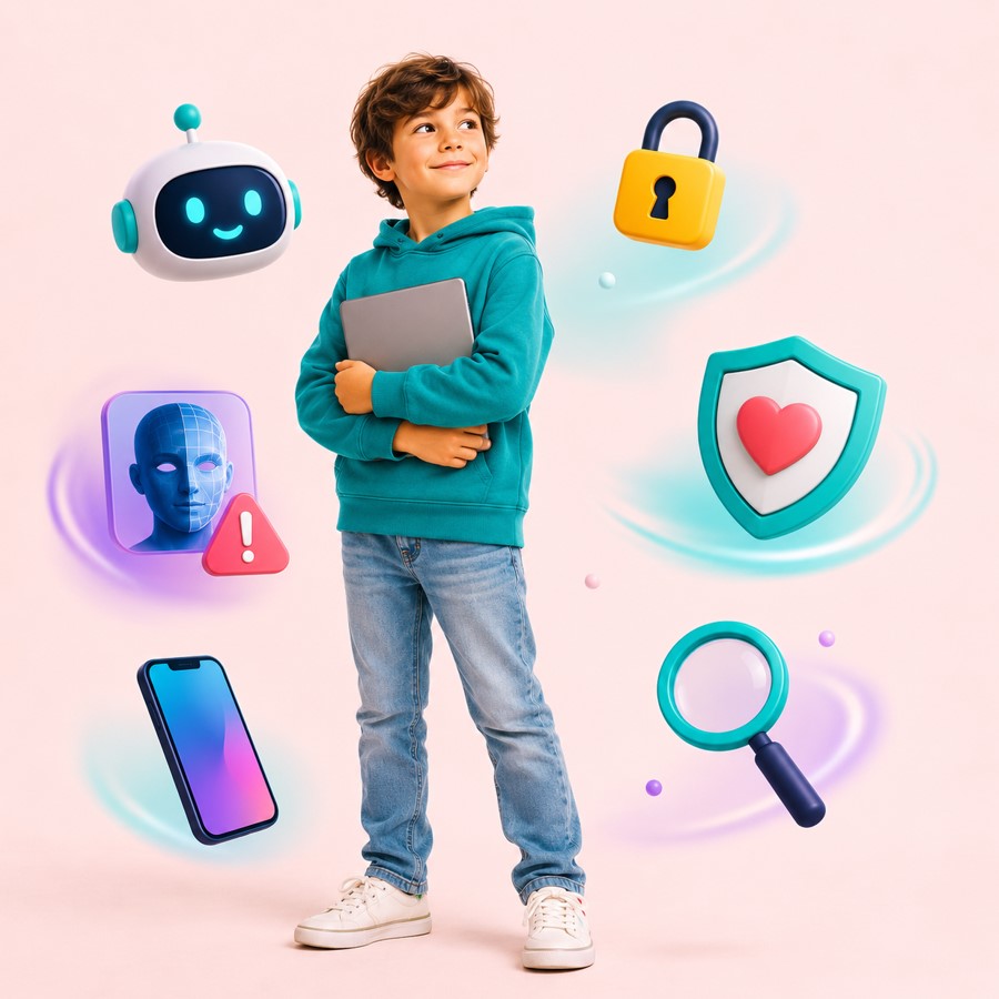 Nastolatek z plecakiem wśród symboli internetu: telefonu, kłódki i tarczy ochronnej