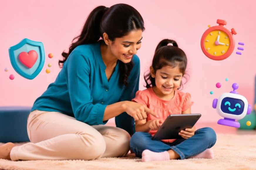 Mama i córka w wieku przedszkolnym oglądają razem tablet, wokół ikony serca, zegara i robota